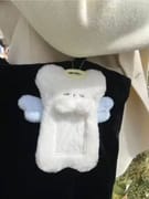 Soft white angel bear plush photo sleeve for your favorite cards, featuring blue wings.