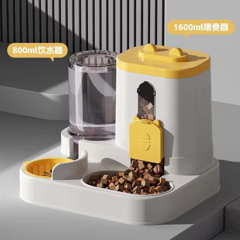 Yellow cute cat-shaped Automatic Pet Feeder, 1600ml gravity food dispenser with 800ml water bottle for healthy eating habits.