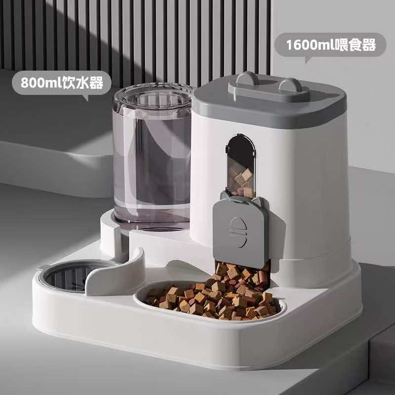 Grey Gravity Pet Feeder and Waterer Set, automatic 1600ml food dispenser and 800ml water bowl for busy dog owners.