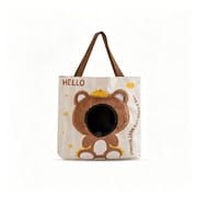Cute Brown Bear Peekaboo Pet Carrier Tote Bag for Small Dogs and Cats, Double-Layer Canvas, 33x35cm