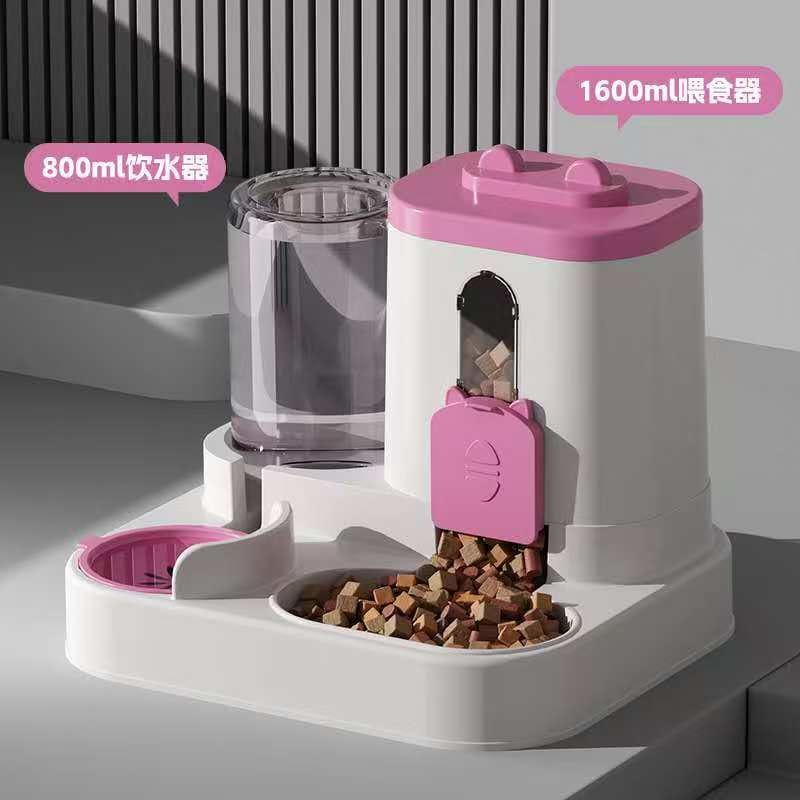 Pink 2 in 1 Mess-Free Pet Feeding Station, 1600ml automatic gravity food dispenser with 800ml water dispenser.