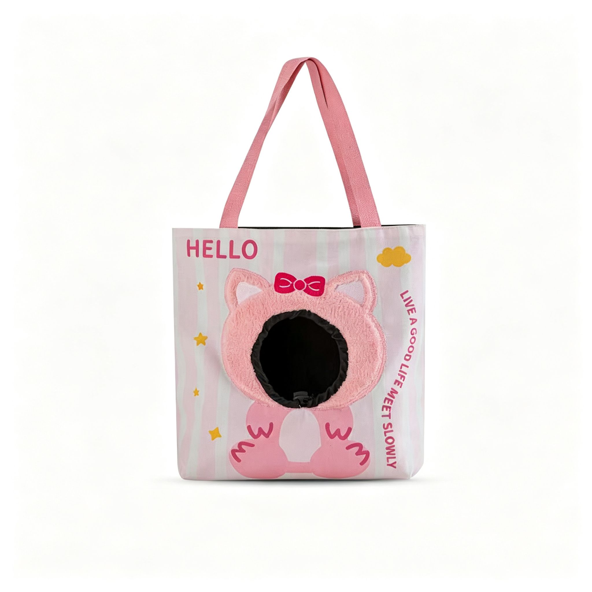 Pink Cat Cartoon Pet Carrier Bag with Bow, Soft Double-Layer Canvas Tote for Small Pets, 33x35cm