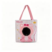 Pink Cat Cartoon Pet Carrier Bag with Bow, Soft Double-Layer Canvas Tote for Small Pets, 33x35cm