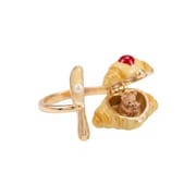 Openable croissant bear copper ring, cute food jewelry with knife charm, miniature bear inside 10-15mm dessert ring