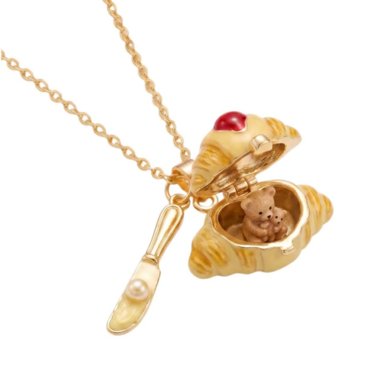 Openable butter croissant bear necklace, solid copper food pendant with red berry and knife charm, mini bear family inside, 45cm chain