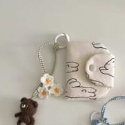 Minimalist white canvas coin purse with cute rabbit line art, green gingham strap, crochet flowers, and a brown teddy bear keychain. 9.5x10cm cottagecore mini bag organizer.