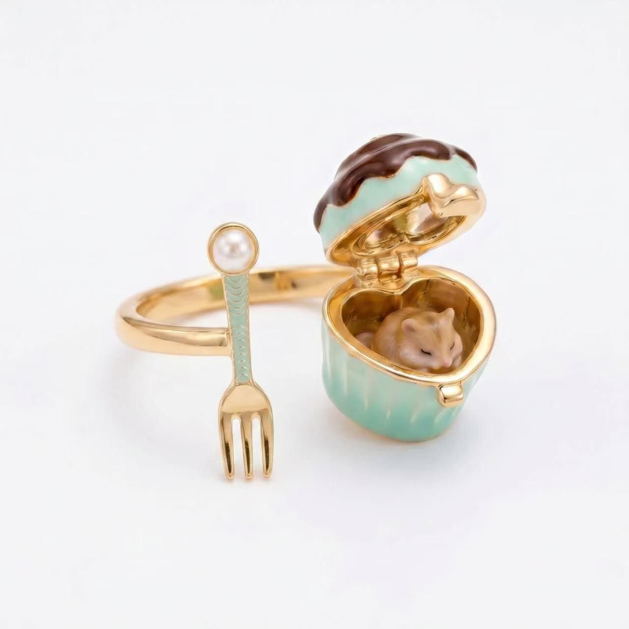 Openable mint cupcake hamster ring, solid copper unique jewelry with fork charm and pearl detail, miniature 10-15mm ring
