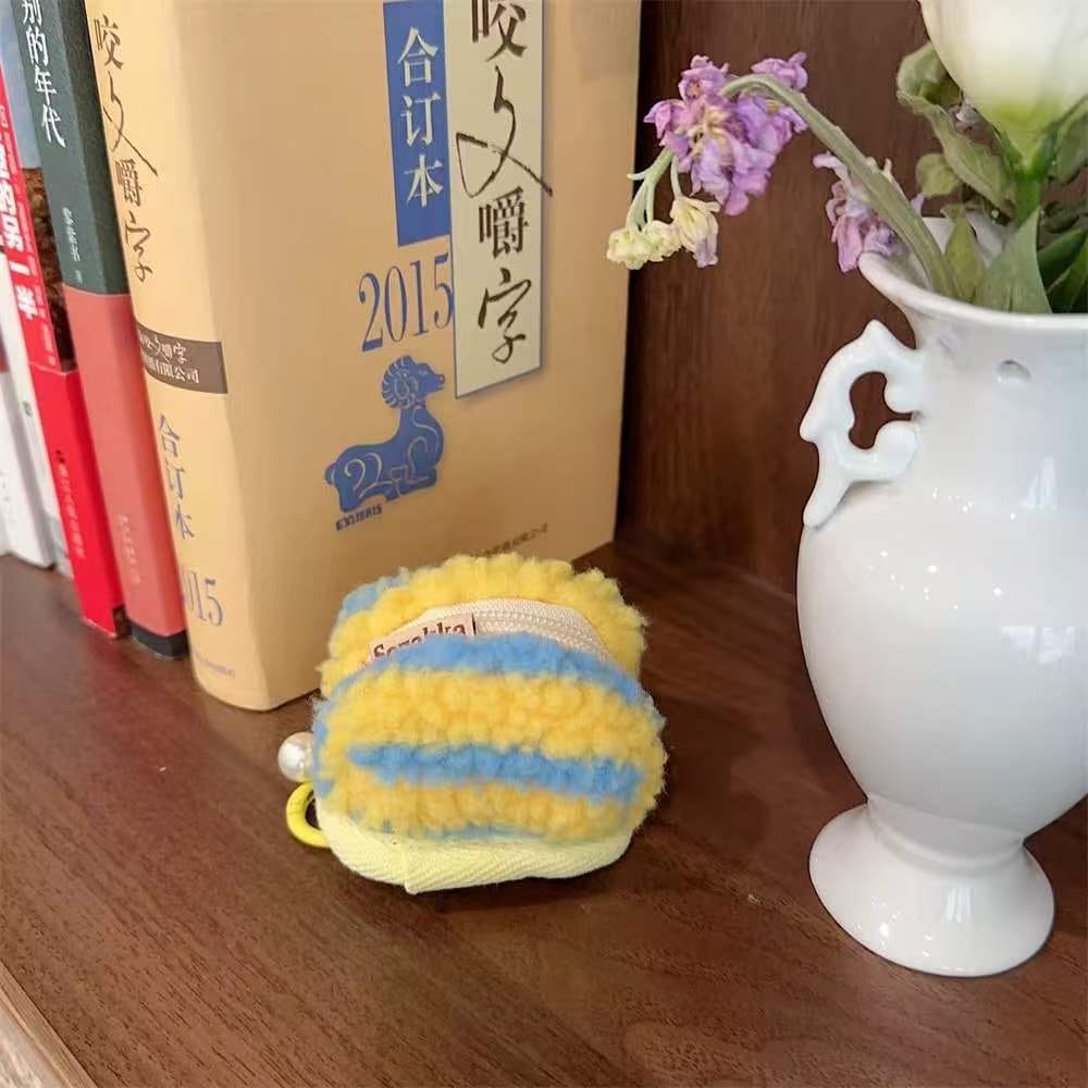Yellow and blue striped woolen plush mini zipper pouch with pearl pull, 4x7 cute coin purse for earbuds.