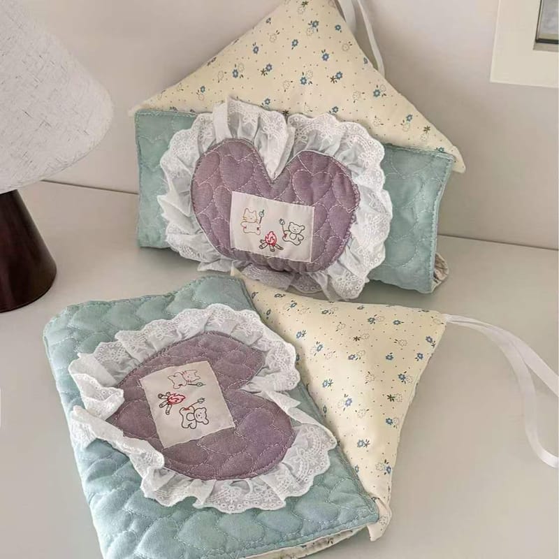 Aesthetic hanging tissue box cover collection, quilted fabric lace heart tissue holders for dorm and bedroom.
