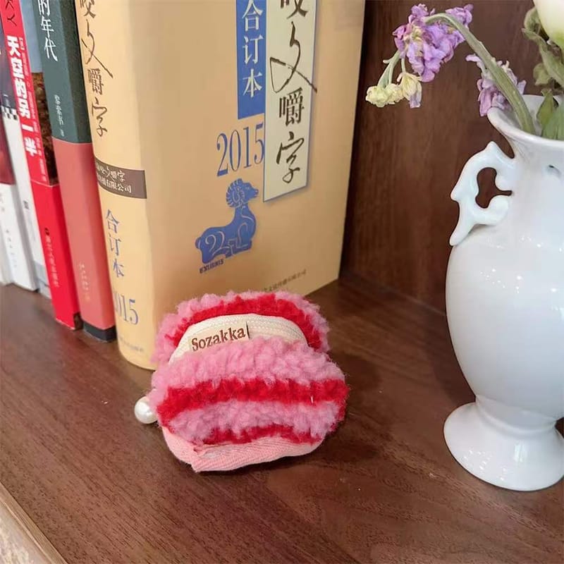 Red and Pink striped woolen plush mini zipper pouch with pearl pull, 4x7 cute coin purse for earbuds.