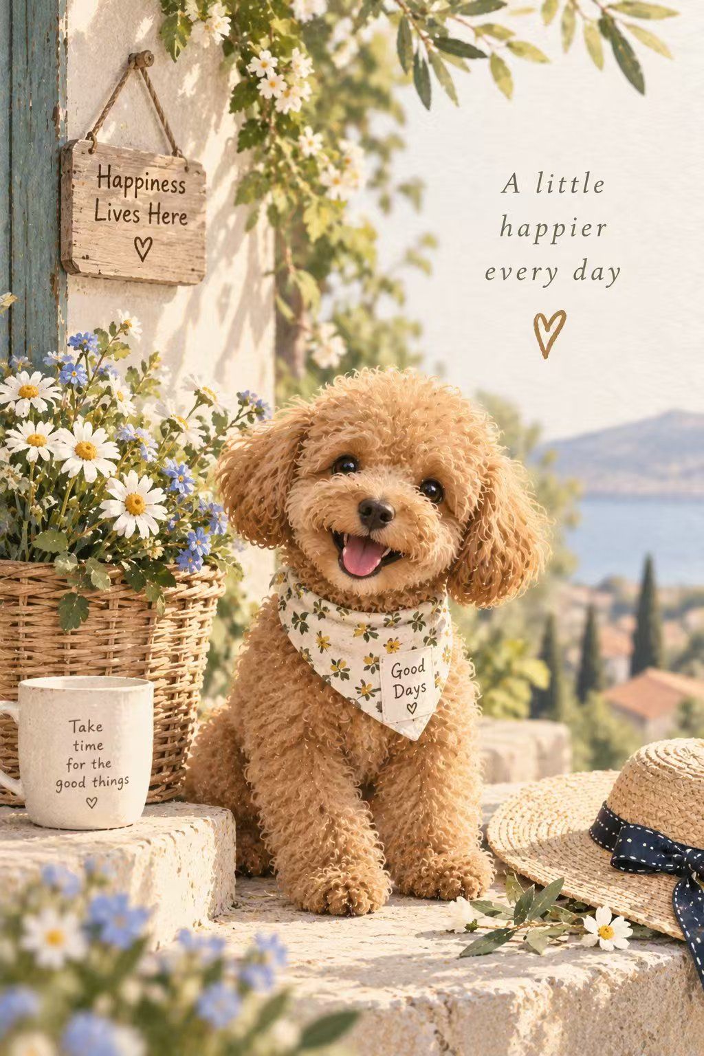 Smiling poodle with Good Days bandana and straw hat, 