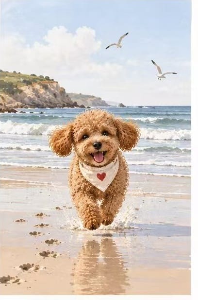 Joyful beach day thank you card with a happy poodle wearing a heart bandana running on the sand. Summer ocean greeting card.