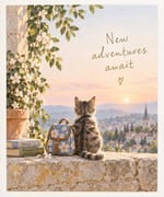 Watercolor tabby cat with backpack watching sunset, 