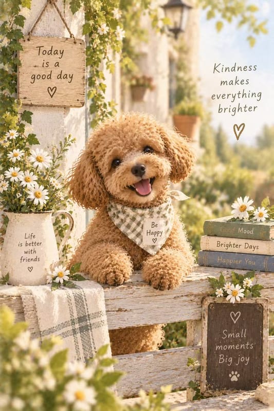 Watercolor poodle on rustic bench with daisies, 