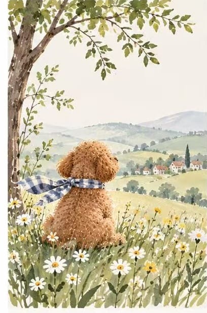Scenic countryside thank you card with a fluffy dog wearing a blue plaid scarf looking at hills. Nature lover greeting card.
