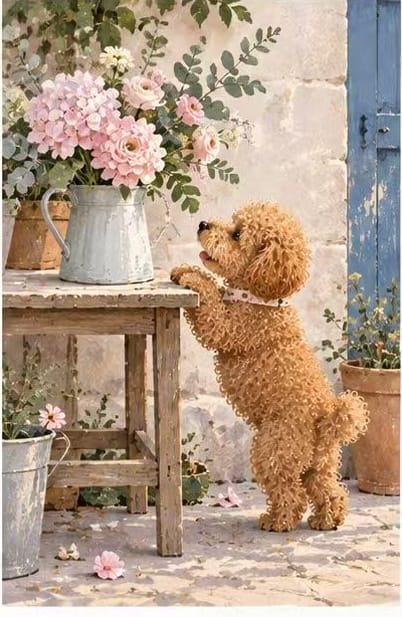 Cottagecore floral thank you card featuring a poodle smelling pink hydrangeas in a rustic watering can. Vintage greeting card.