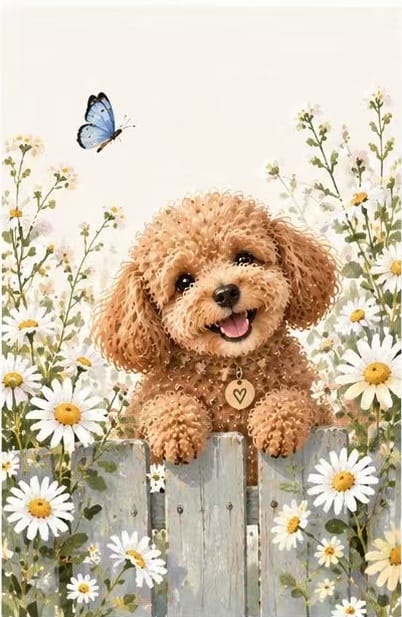 Cute smiling poodle surrounded by white daisies and a blue butterfly. Floral pet thank you card printed on 300gsm coated paper.
