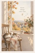 Sleeping tabby cat by autumn window, 