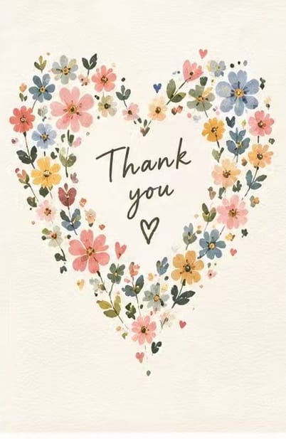 Romantic heart-shaped floral thank you card with pastel watercolor wildflowers. Elegant wedding or anniversary greeting card.