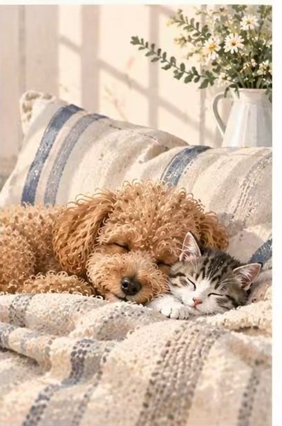 Cozy naptime pals thank you card showing a sleeping poodle and tabby cat on a striped pillow. Warm pet greeting card design.