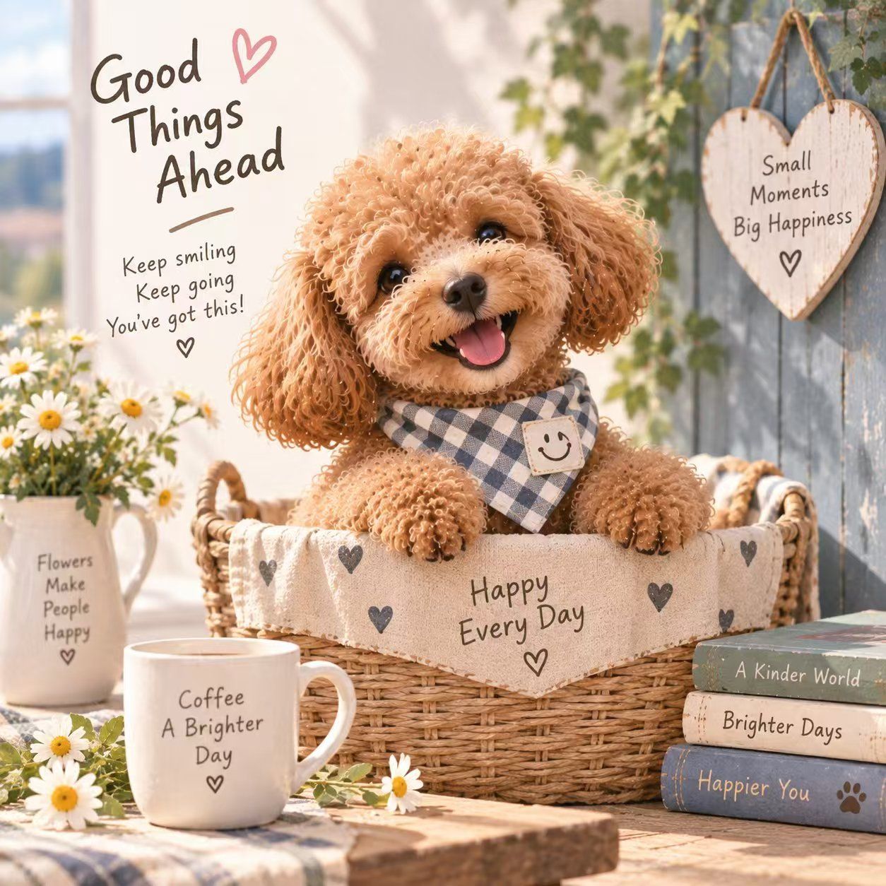 Happy poodle in basket with coffee and daisies, 