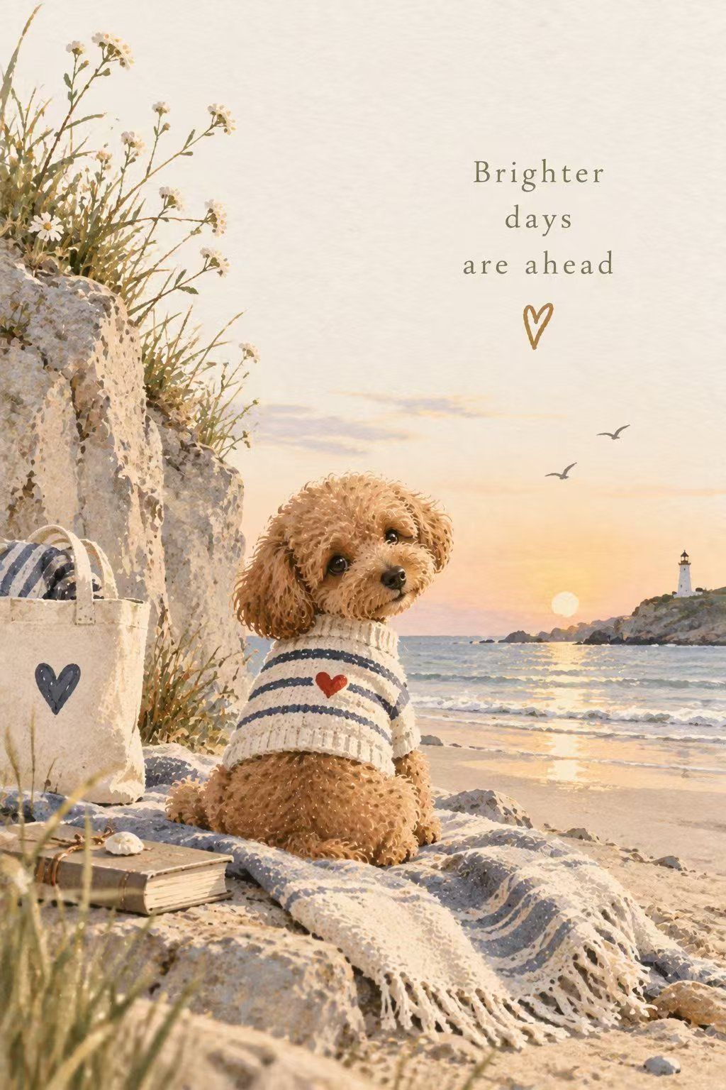 Coastal poodle in sweater on beach at sunset, 