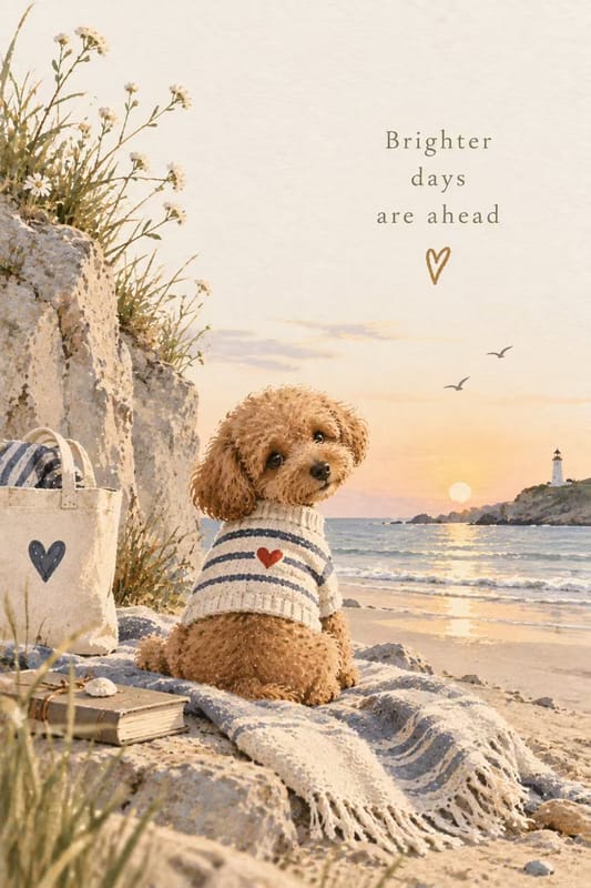 Coastal poodle in sweater on beach at sunset, 