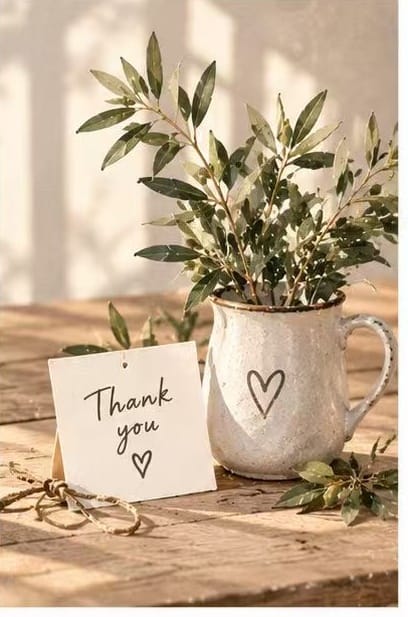 Minimalist olive branch thank you card featuring a rustic ceramic jug and a handwritten note. Elegant botanical business greeting card.