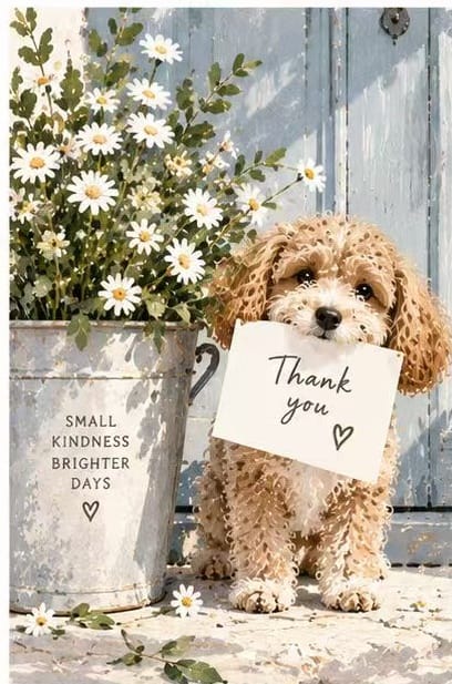 Adorable poodle holding a handwritten 