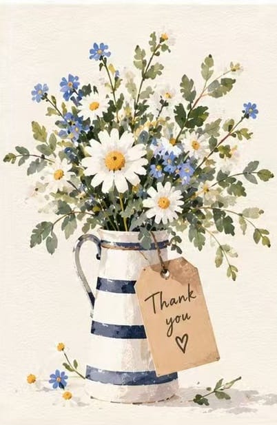 Rustic striped jug with white daisies and blue wildflowers, botanical thank you card with a hanging tag. 300gsm premium cardstock.