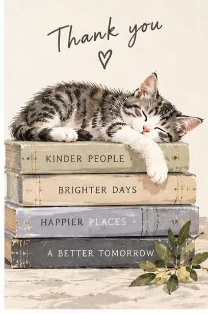 Bookish cat thank you card showing a sleeping tabby kitten on a stack of vintage books. Cozy reading lover greeting card.