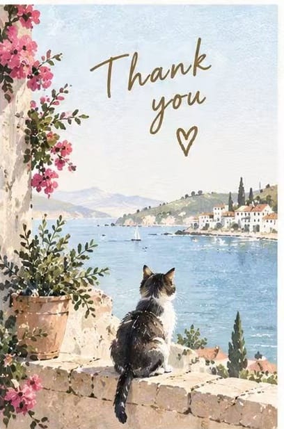 Mediterranean coastal cat thank you card featuring a tabby cat on a stone wall overlooking a seaside town. Scenic travel greeting card.
