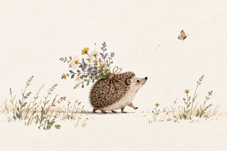 Friendship card featuring a hedgehog carrying a flower bouquet with a butterfly, 300gsm coated paper.