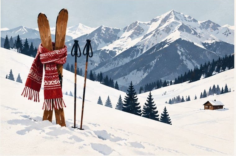 Rest greeting card showing wooden skis with a red scarf in snowy mountains, 300gsm thick cardstock.