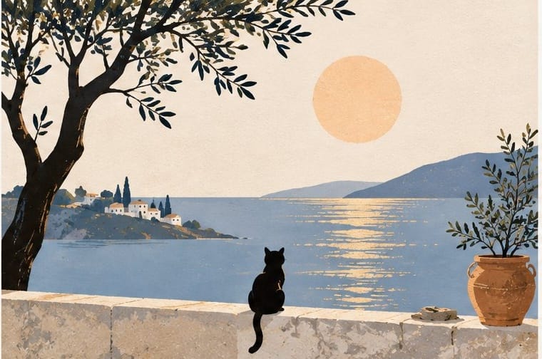 Aspiration greeting card featuring a black cat watching the sea with a sun and distant village, 300gsm coated paper.