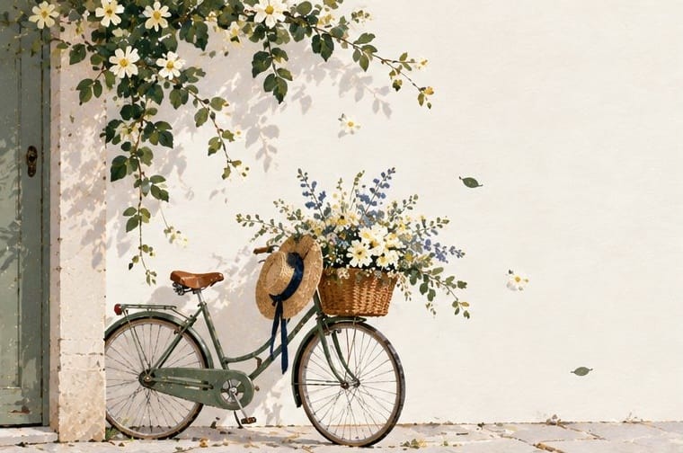 New Beginning greeting card with a green bicycle and flower basket against a white wall, 300gsm premium paper.