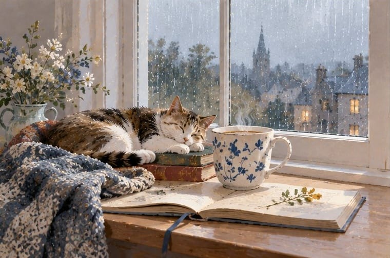 Get Well greeting card with a sleeping cat by a blue floral mug on a rainy day, 300gsm premium card.