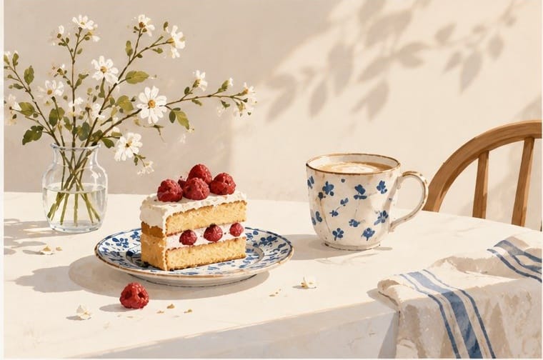 Enjoy Life greeting card with a raspberry cake and coffee on a white table, 300gsm premium blank card.
