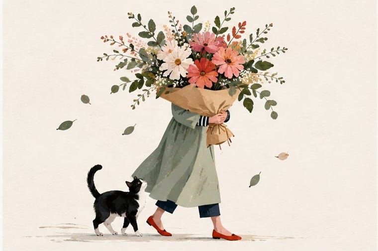 Aspiration greeting card featuring a black cat watching the sea with a sun and distant village, 300gsm coated paper.