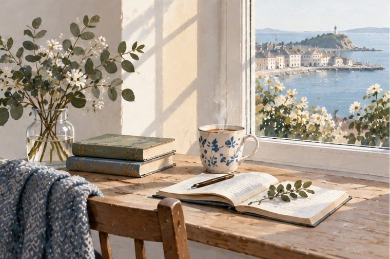 Little Joys greeting card with an open book, coffee, and ocean view window, 300gsm premium paper.