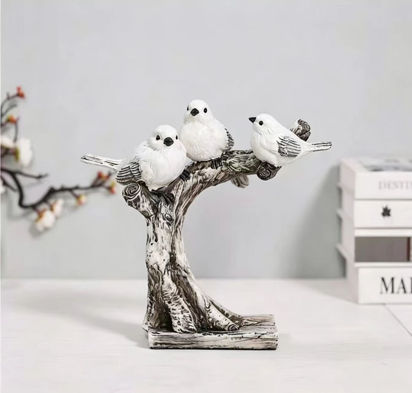 Elegant 3 White Birds on Tall Branch Home Decoration Sculpture