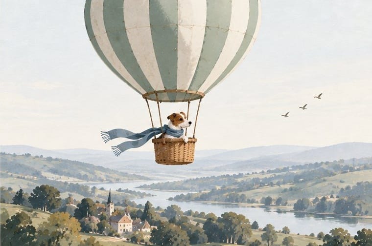 Adventure greeting card showing a dog in a hot air balloon over a river valley, 300gsm blank greeting card.
