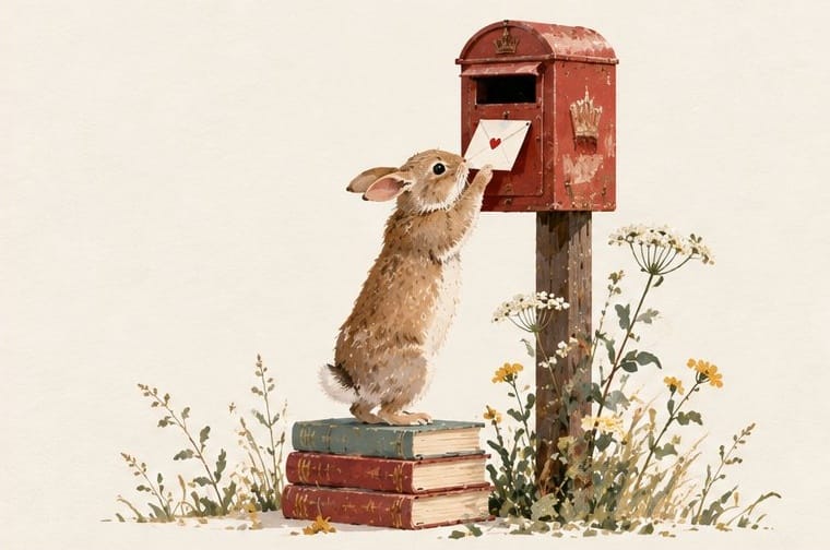 Friendship card featuring a bunny putting a heart letter into a red mailbox, 300gsm coated note card.
