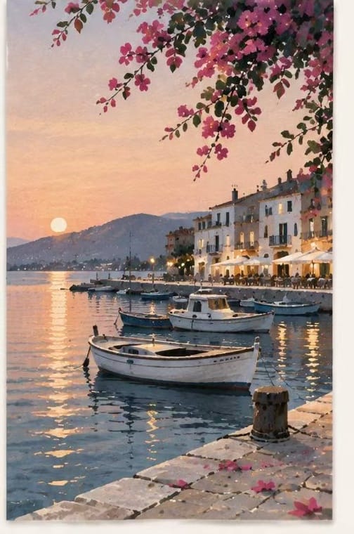 Sunset harbor romantic greeting card with boats and coastal town lights. Coastal love card for nautical anniversaries.