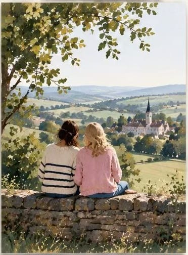 Romantic couple sitting on a stone wall overlooking a scenic valley and castle. Premium love greeting card for wedding anniversaries.