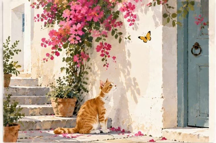 Cottagecore romantic greeting card with a ginger cat watching a butterfly near pink flowers and a blue door. Cute love card for everyday romance.