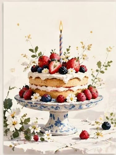 Sweet strawberry layer cake with a lit candle on a blue-and-white porcelain stand. Romantic birthday and anniversary love greeting card.