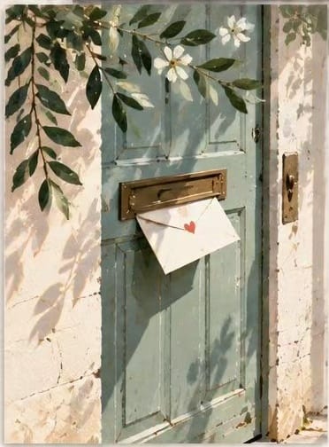Vintage romantic love letter greeting card featuring a green door, brass mailbox, and red heart envelope. 300gsm coated paper for anniversaries.