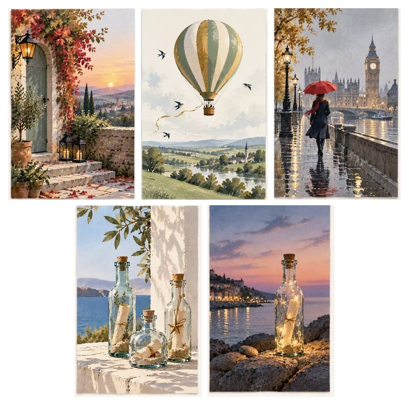 Across the Distance thinking of you card collection featuring 5 scenic designs. Premium 300gsm long distance greeting cards for across the miles.