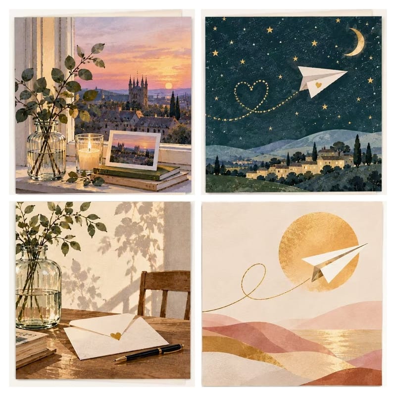 Thinking of You & Good Wishes greeting card collection featuring 4 unique designs. 300gsm premium coated paper, 6 custom sizes available for heartfelt messages.